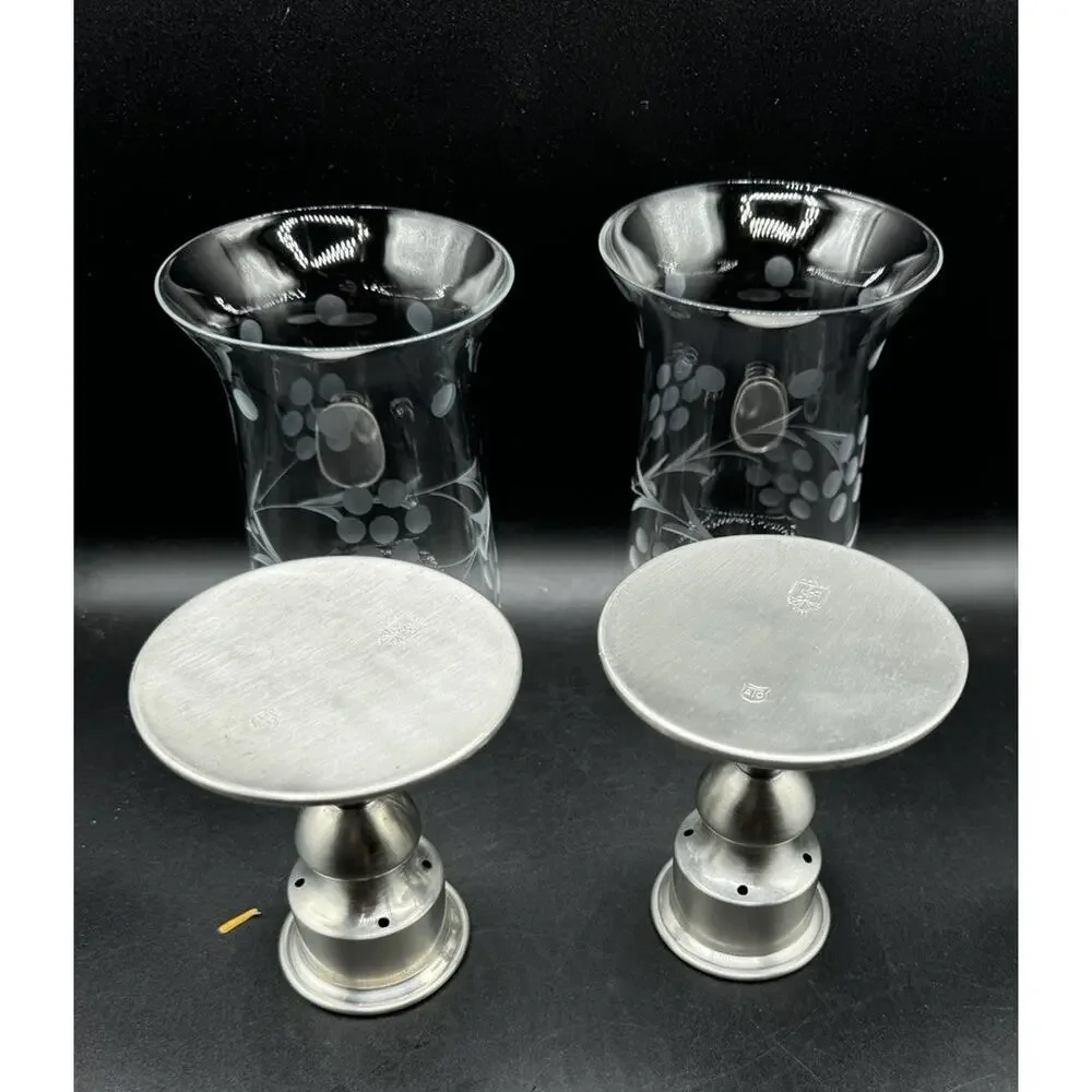 Kirk Weighted Pewter Candlesticks Etched Glass Hurricane Shades Set Of 2 -A95